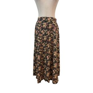 Vtg 90s Floral Midi Skirt A Line Button Front  M Cottagecore Grunge Dark Floral